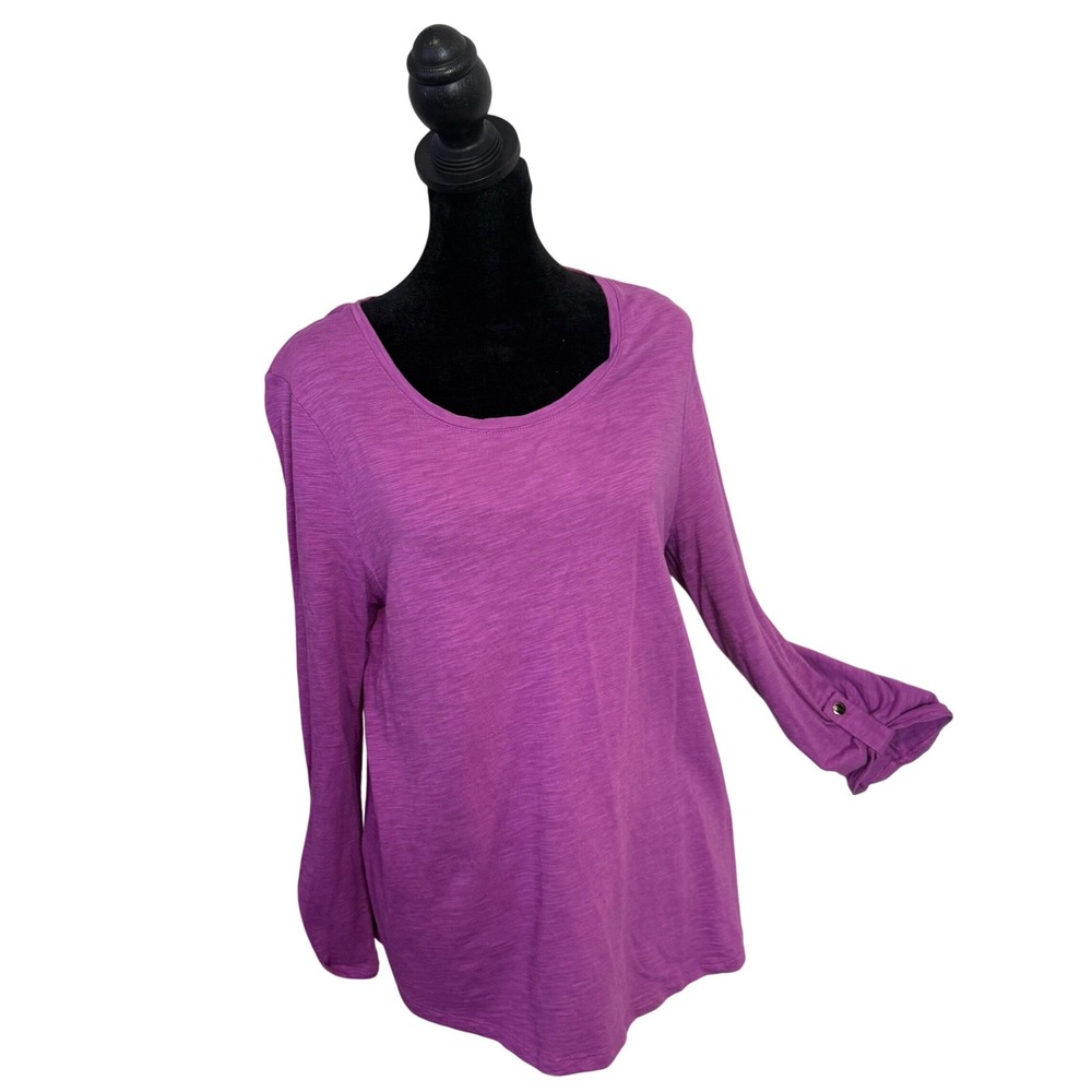 Chico's The Ultimate Tee Womens Size M Purple‎ Roll Tab Sleeve Slub Knit Top